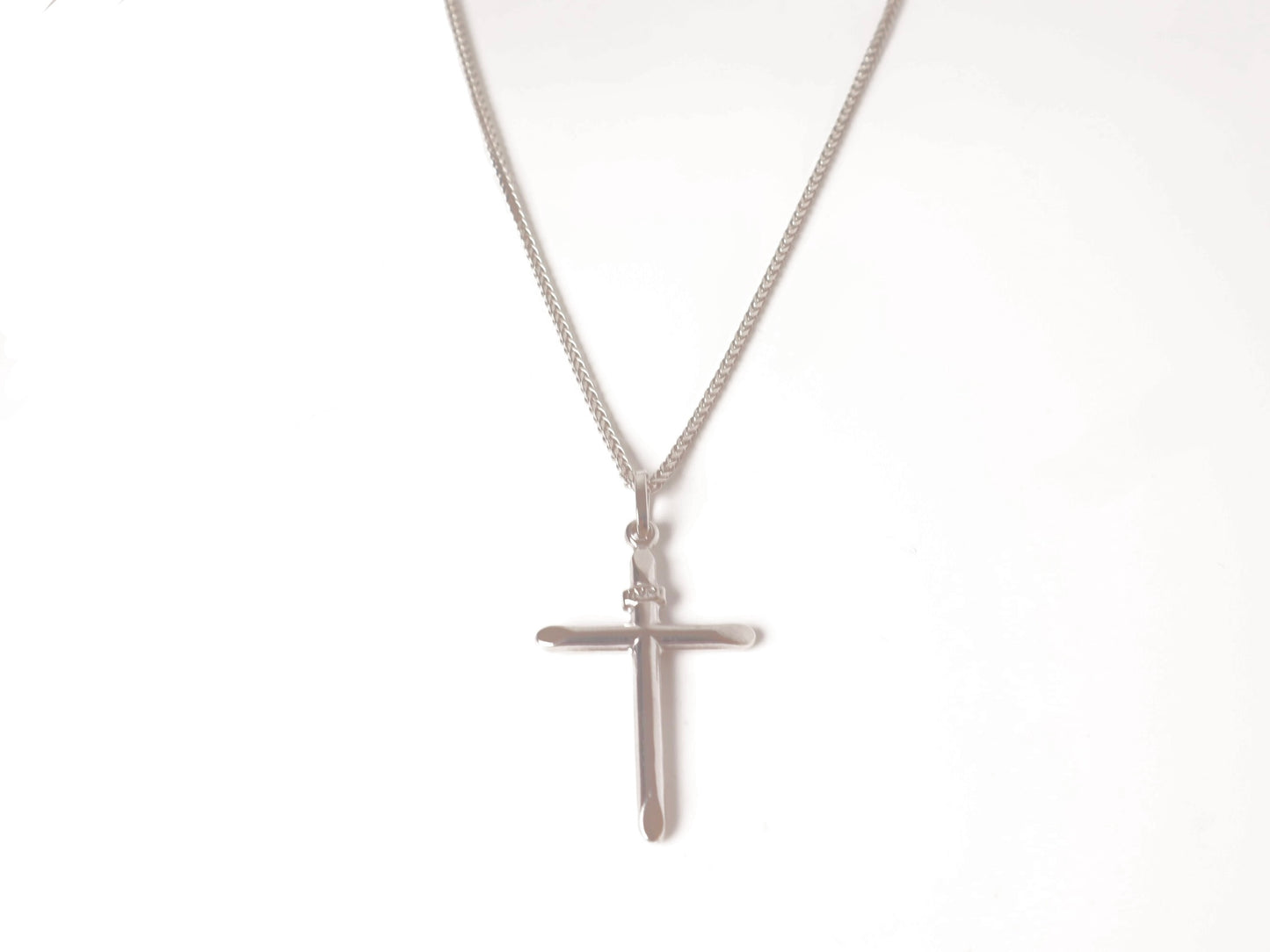 14k White Gold IRNI Cross Pendant & Franco Chain