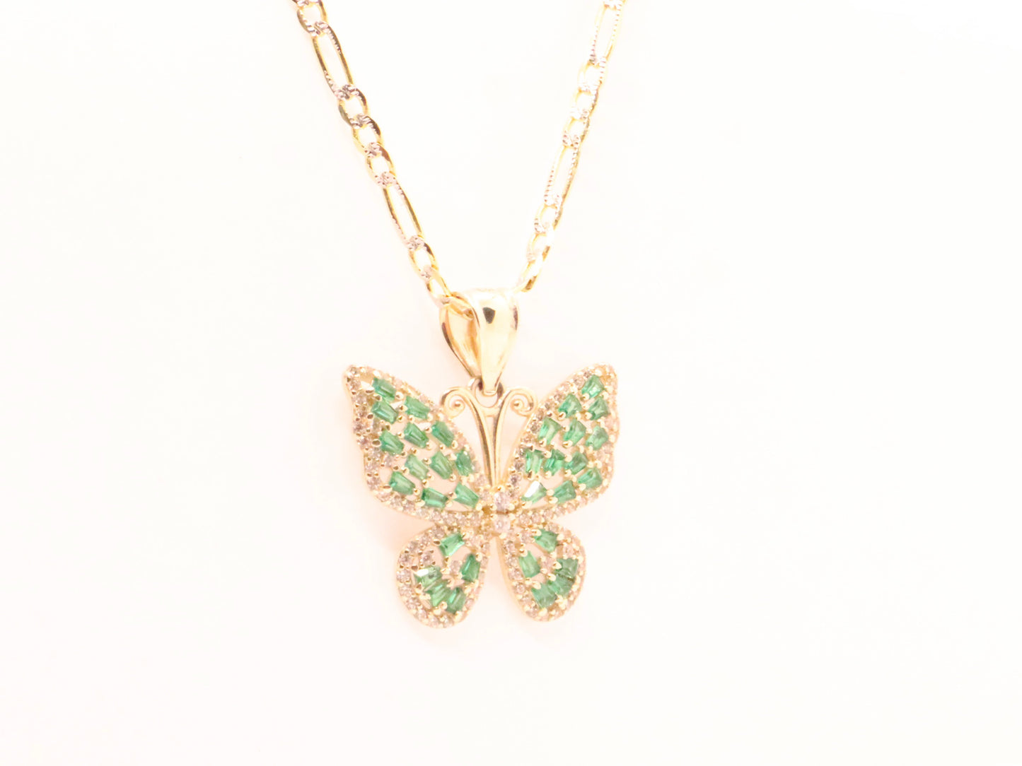 14k Gold Butterfly Pendant w/ Green Baguettes