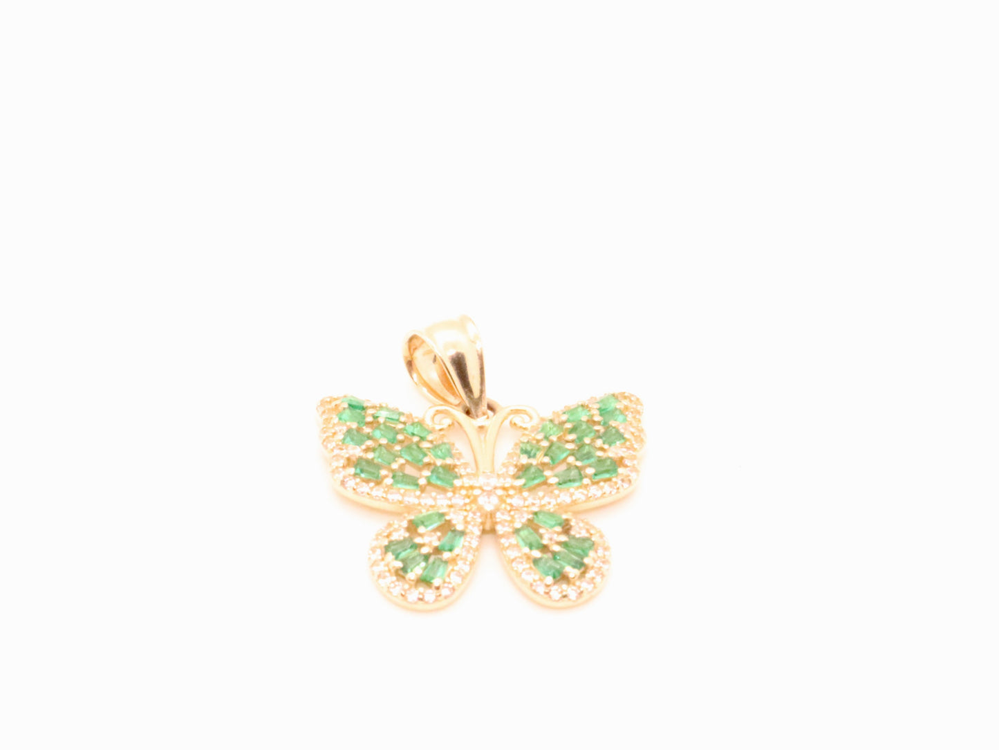 14k Gold Butterfly Pendant w/ Green Baguettes