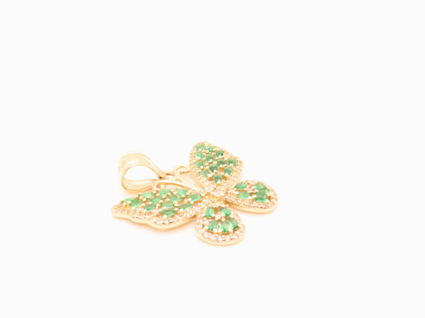 14k Gold Butterfly Pendant w/ Green Baguettes